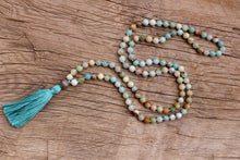 Load image into Gallery viewer, 108 Amazonite and Labradorite  lovingly hand knotted Yoga Mala, Cotton Tassel, Vegan Mala