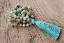 Load image into Gallery viewer, 108 Amazonite and Labradorite  lovingly hand knotted Yoga Mala, Cotton Tassel, Vegan Mala