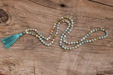 Load image into Gallery viewer, 108 Amazonite and Labradorite  lovingly hand knotted Yoga Mala, Cotton Tassel, Vegan Mala