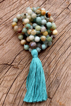 Load image into Gallery viewer, 108 Amazonite and Labradorite  lovingly hand knotted Yoga Mala, Cotton Tassel, Vegan Mala