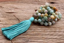 Load image into Gallery viewer, 108 Amazonite and Labradorite  lovingly hand knotted Yoga Mala, Cotton Tassel, Vegan Mala