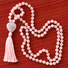 Load image into Gallery viewer, Rose Quartz  Mala  Prayer 108 beads, Agate Heart Guru Bead, Love Mala Bohemian Necklace, Yoga gift, Feminine Energy Necklace, Vegan Mala.