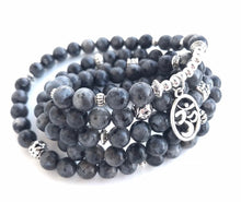 Load image into Gallery viewer, 108 Black Labradorite Om Mala stretch mala with artisan om charm, labradorite wrap bracelet.
