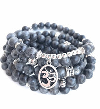 Load image into Gallery viewer, 108 Black Labradorite Om Mala stretch mala with artisan om charm, labradorite wrap bracelet.