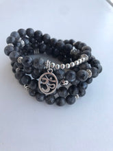 Load image into Gallery viewer, 108 Black Labradorite Om Mala stretch mala with artisan om charm, labradorite wrap bracelet.