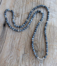 Load image into Gallery viewer, 108 Black Labradorite Om Mala stretch mala with artisan om charm, labradorite wrap bracelet.