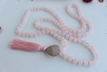 Load image into Gallery viewer, Rose Quartz  Mala  Prayer 108 beads, Agate Heart Guru Bead, Love Mala Bohemian Necklace, Yoga gift, Feminine Energy Necklace, Vegan Mala.