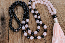 Load image into Gallery viewer, 108 Black Onyx, Rose Quartz, Obsidian Mala. Hand knotted 108 beads Mala with Handmade Cotton Tassel.