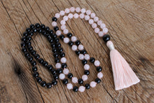 Load image into Gallery viewer, 108 Black Onyx, Rose Quartz, Obsidian Mala. Hand knotted 108 beads Mala with Handmade Cotton Tassel.