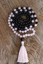 Load image into Gallery viewer, 108 Black Onyx, Rose Quartz, Obsidian Mala. Hand knotted 108 beads Mala with Handmade Cotton Tassel.