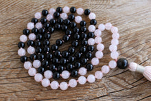 Load image into Gallery viewer, 108 Black Onyx, Rose Quartz, Obsidian Mala. Hand knotted 108 beads Mala with Handmade Cotton Tassel.