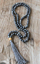 Load image into Gallery viewer, 108 Mala Black Labradorite, Buddha's head Long Tassel, Hand knotted  Necklace, Vegan Mala
