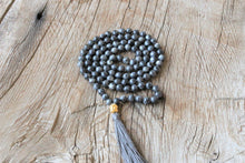 Load image into Gallery viewer, 108 Mala Black Labradorite, Buddha's head Long Tassel, Hand knotted  Necklace, Vegan Mala
