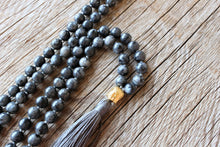 Load image into Gallery viewer, 108 Mala Black Labradorite, Buddha's head Long Tassel, Hand knotted  Necklace, Vegan Mala