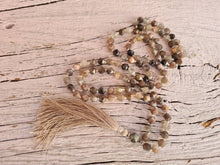 Load image into Gallery viewer, 108 Grey Sunstone Mala, A grade Prayer beads, Labradorite guru bead, Mala Necklace. Handmade Tassel. Vegan mala.