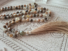 Load image into Gallery viewer, 108 Grey Sunstone Mala, A grade Prayer beads, Labradorite guru bead, Mala Necklace. Handmade Tassel. Vegan mala.