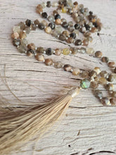 Load image into Gallery viewer, 108 Grey Sunstone Mala, A grade Prayer beads, Labradorite guru bead, Mala Necklace. Handmade Tassel. Vegan mala.