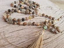 Load image into Gallery viewer, 108 Grey Sunstone Mala, A grade Prayer beads, Labradorite guru bead, Mala Necklace. Handmade Tassel. Vegan mala.