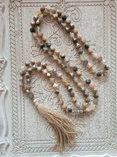 Load image into Gallery viewer, 108 Grey Sunstone Mala, A grade Prayer beads, Labradorite guru bead, Mala Necklace. Handmade Tassel. Vegan mala.