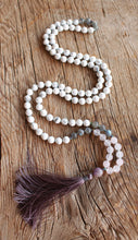 Load image into Gallery viewer, 108 Mala Howlite Rose Quartz, Labradorite Amethyst Hematite Yoga Mala. Bohemian Long Tassel Necklace. Vegan Mala Yoga gift for her.