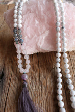 Load image into Gallery viewer, 108 Mala Howlite Rose Quartz, Labradorite Amethyst Hematite Yoga Mala. Bohemian Long Tassel Necklace. Vegan Mala Yoga gift for her.