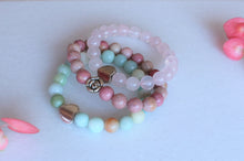 Load image into Gallery viewer, 3 Bracelets Set, Amazonite, Rose Quartz, Rhodonite bracelets. Yoga gift for her. Meditation Intention bracelets.