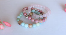 Load image into Gallery viewer, 3 Bracelets Set, Amazonite, Rose Quartz, Rhodonite bracelets. Yoga gift for her. Meditation Intention bracelets.