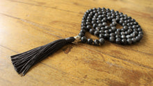Load image into Gallery viewer, 108 Mala Black Labradorite, Buddha's head Long Tassel, Hand knotted  Necklace, Vegan Mala