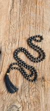 Load image into Gallery viewer, 108 Mala Black Lava Stone, Yoga Spiritual Necklace,  Bohemian Long Tassel Necklace, Grounding Mala, Spiritual Jewelry