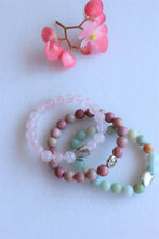 Load image into Gallery viewer, 3 Bracelets Set, Amazonite, Rose Quartz, Rhodonite bracelets. Yoga gift for her. Meditation Intention bracelets.