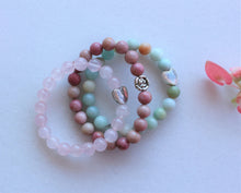Load image into Gallery viewer, 3 Bracelets Set, Amazonite, Rose Quartz, Rhodonite bracelets. Yoga gift for her. Meditation Intention bracelets.