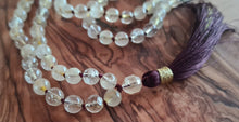 Load image into Gallery viewer, 108 Rutilated Quartz Mala with Citrine Guru bead. Mala Necklace, Vegan Tassel, Vegan mala.