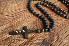 Load image into Gallery viewer, 108 Mens Cross Mala Necklace Steel Cross Rosary Beaded Necklace Mala Beads 108 Christian Jewelry Meditation Protection Necklace Spiritual