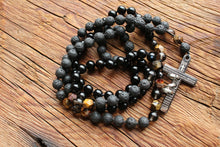 Load image into Gallery viewer, 108 Mens Cross Mala Necklace Steel Cross Rosary Beaded Necklace Mala Beads 108 Christian Jewelry Meditation Protection Necklace Spiritual
