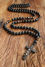 Load image into Gallery viewer, 108 Mens Cross Mala Necklace Steel Cross Rosary Beaded Necklace Mala Beads 108 Christian Jewelry Meditation Protection Necklace Spiritual