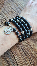 Load image into Gallery viewer, Matte Onyx Om Mala  stretch mala with artisan om charm, black onyx wrap bracelet.
