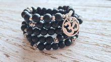 Load image into Gallery viewer, Matte Onyx Om Mala  stretch mala with artisan om charm, black onyx wrap bracelet.