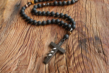 Load image into Gallery viewer, 108 Mens Cross Mala Necklace Steel Cross Rosary Beaded Necklace Mala Beads 108 Christian Jewelry Meditation Protection Necklace Spiritual