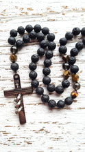 Load image into Gallery viewer, 108 Mens Cross Mala Necklace Steel Cross Rosary Beaded Necklace Mala Beads 108 Christian Jewelry Meditation Protection Necklace Spiritual