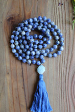 Load image into Gallery viewer, Sodalite and Aquamarine Mala Necklace | 108 Bead Meditation Mala | Healing Crystal Jewelry | Yoga and Spiritual Necklace