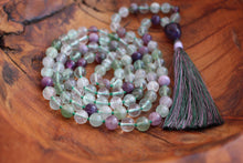 Load image into Gallery viewer, Green Rainbow Fluorite and Amethyst Mala Necklace | 108 Bead Meditation Mala | Healing Crystal Yoga Jewelry | Spiritual Protection Necklace