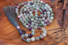 Load image into Gallery viewer, Green Rainbow Fluorite and Amethyst Mala Necklace | 108 Bead Meditation Mala | Healing Crystal Yoga Jewelry | Spiritual Protection Necklace