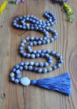 Load image into Gallery viewer, Sodalite and Aquamarine Mala Necklace | 108 Bead Meditation Mala | Healing Crystal Jewelry | Yoga and Spiritual Necklace