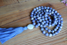 Load image into Gallery viewer, Sodalite and Aquamarine Mala Necklace | 108 Bead Meditation Mala | Healing Crystal Jewelry | Yoga and Spiritual Necklace