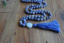Load image into Gallery viewer, Sodalite and Aquamarine Mala Necklace | 108 Bead Meditation Mala | Healing Crystal Jewelry | Yoga and Spiritual Necklace