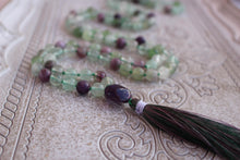 Load image into Gallery viewer, Green Rainbow Fluorite and Amethyst Mala Necklace | 108 Bead Meditation Mala | Healing Crystal Yoga Jewelry | Spiritual Protection Necklace