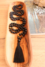 Load image into Gallery viewer, 108 Black Onyx, Tiger Eye and Black Lava Stone Mala. Handmade Cotton Tassel.