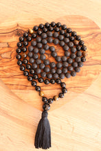 Load image into Gallery viewer, 108 Black Onyx, Tiger Eye and Black Lava Stone Mala. Handmade Cotton Tassel.