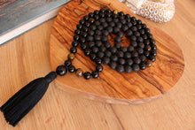 Load image into Gallery viewer, 108 Black Onyx, Tiger Eye and Black Lava Stone Mala. Handmade Cotton Tassel.
