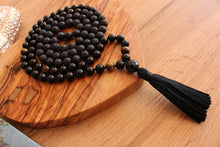 Load image into Gallery viewer, 108 Black Onyx, Tiger Eye and Black Lava Stone Mala. Handmade Cotton Tassel.